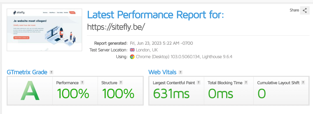 Screenshot met een gtmetrix score van Sitefly.be - 100% en largest contentful paint 631 milliseconden.